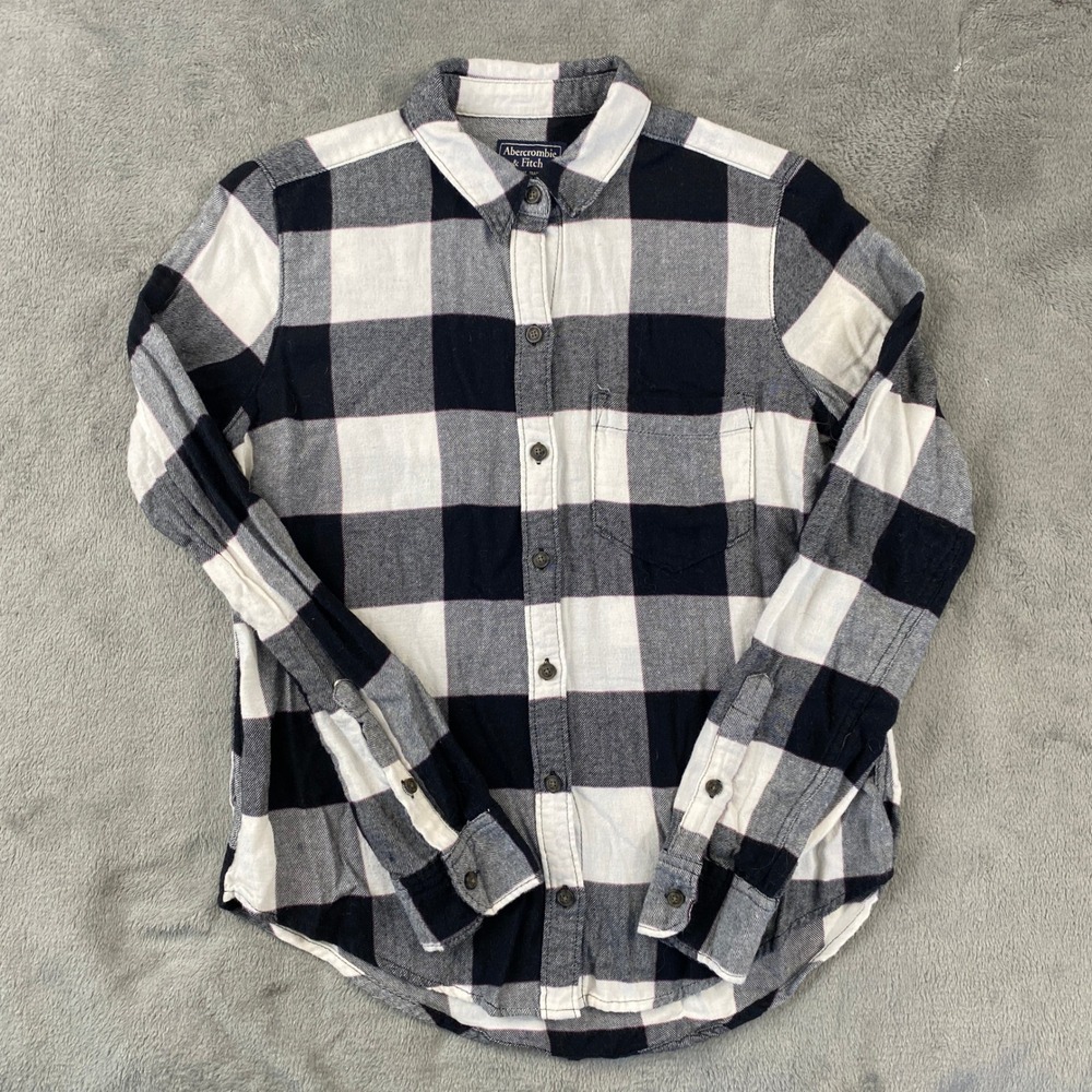 Abercrombie & Fitch Flannel Shirt Button Down Women XS Black White Buffalo Plaid